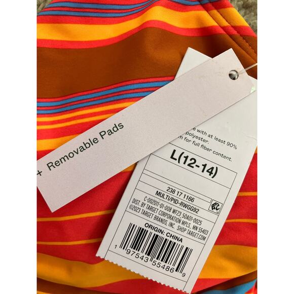 New Wild Fable Bright Orange Blue Striped Halter Bikini Top Large - Picture 3 of 3